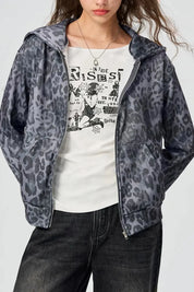 Pocketed Leopard Zip Up Hooded Jacket | Jackets Daverri Fashions