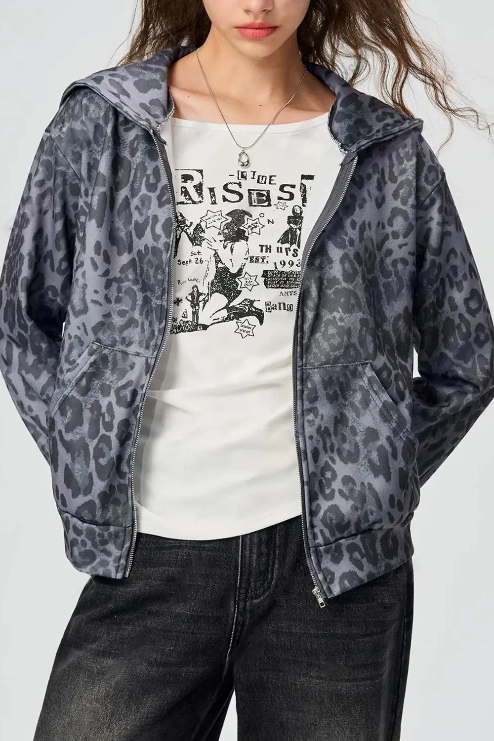 Pocketed Leopard Zip Up Hooded Jacket | Jackets Daverri Fashions