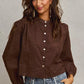 Brown embroidered 3D floral woven blouse with puff sleeves and white buttons