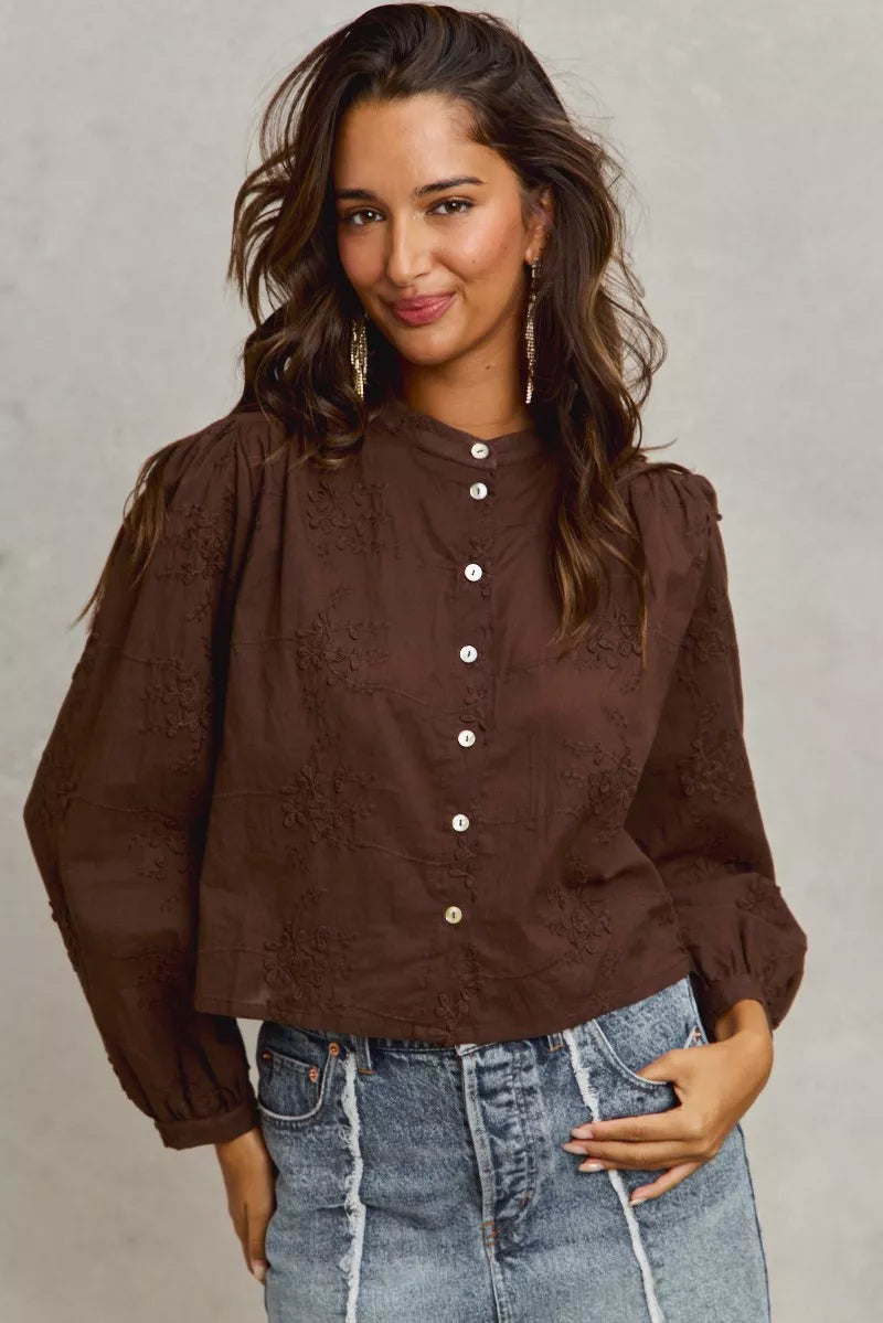 Brown embroidered 3D floral woven blouse with puff sleeves and white buttons