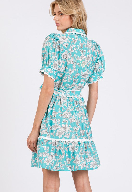 SAGE+FIG Vintage Floral Scalloped Mini Shirt Dress Mini Dresses