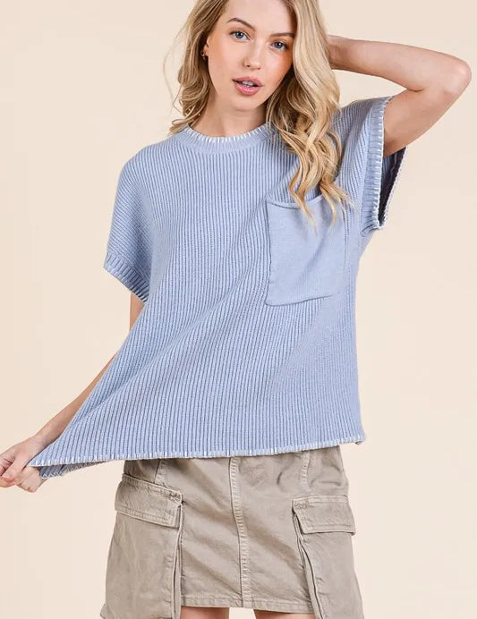 BLUE Lime 'N' Chili Solid Cap Sleeve Stitch Edge Knit Sweater | Sweaters Daverri Fashions