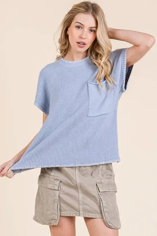 Lime 'N' Chili Solid Cap Sleeve Stitch Edge Knit Sweater - DAVERRI FASHIONS