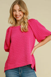 Hot Pink XL Umgee Full Size Boxy Cut Jacquard Round Neck Top with Side Slit Plus Size | Tops Daverri Fashions