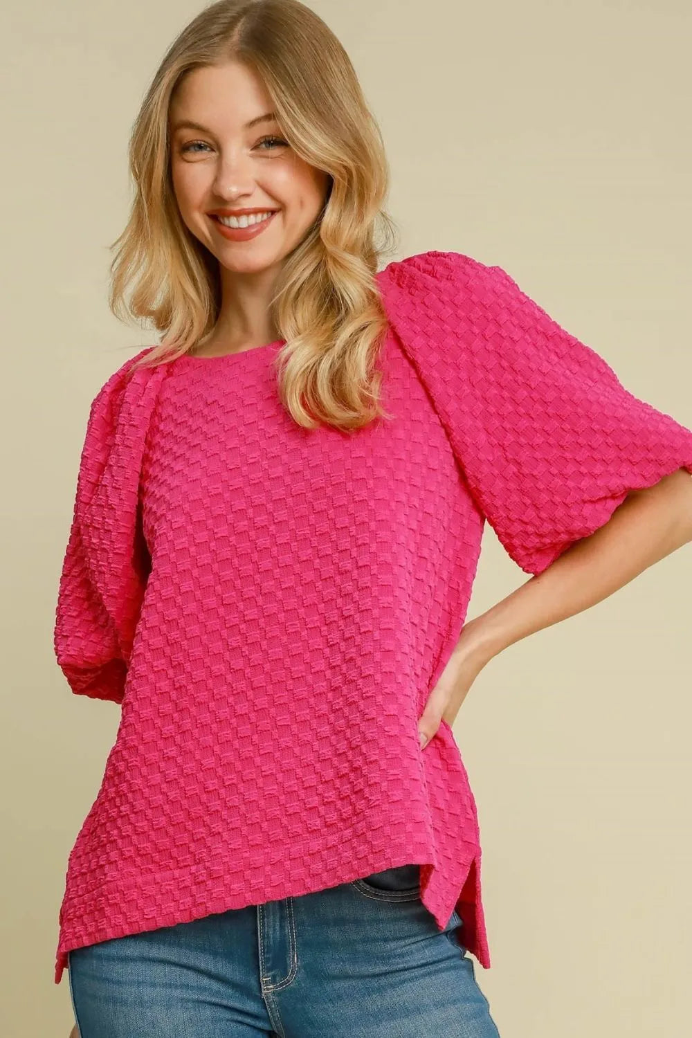 Umgee Full Size Boxy Cut Jacquard Round Neck Top with Side Slit Plus Size Hot Pink Tops