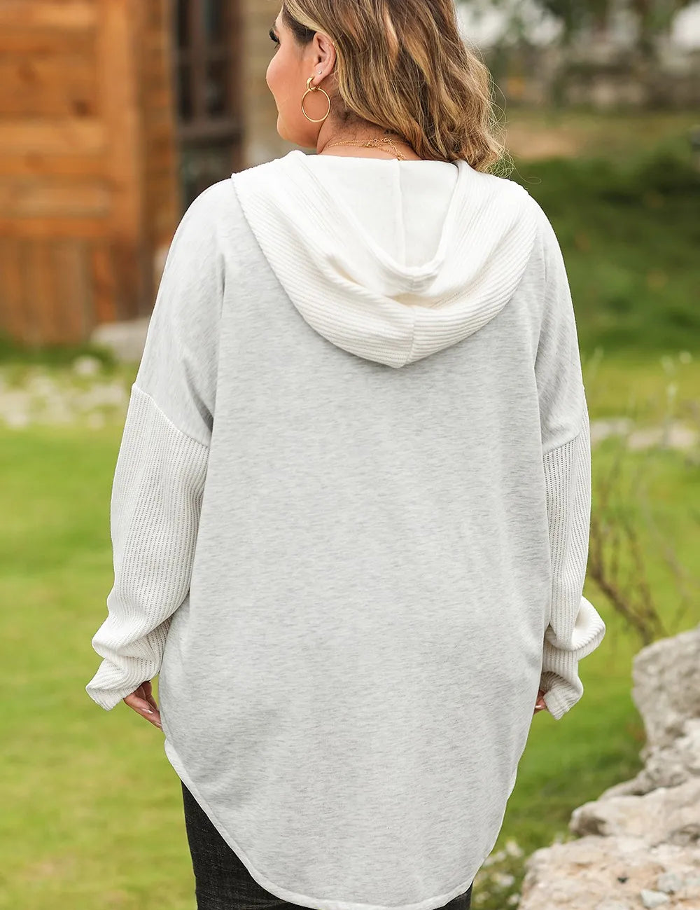 Light gray plus size button-up drawstring long sleeve hoodie with ribbed texture