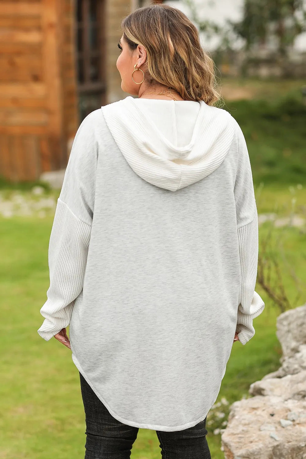Light gray plus size button-up drawstring long sleeve hoodie with ribbed texture