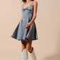 SO ME Mineral Washed Bow Ribbon Denim Flare Dress Mini Dresses