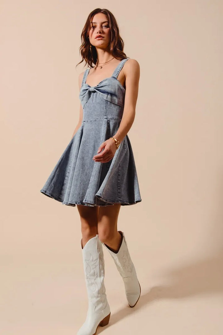 SO ME Mineral Washed Bow Ribbon Denim Flare Dress Mini Dresses