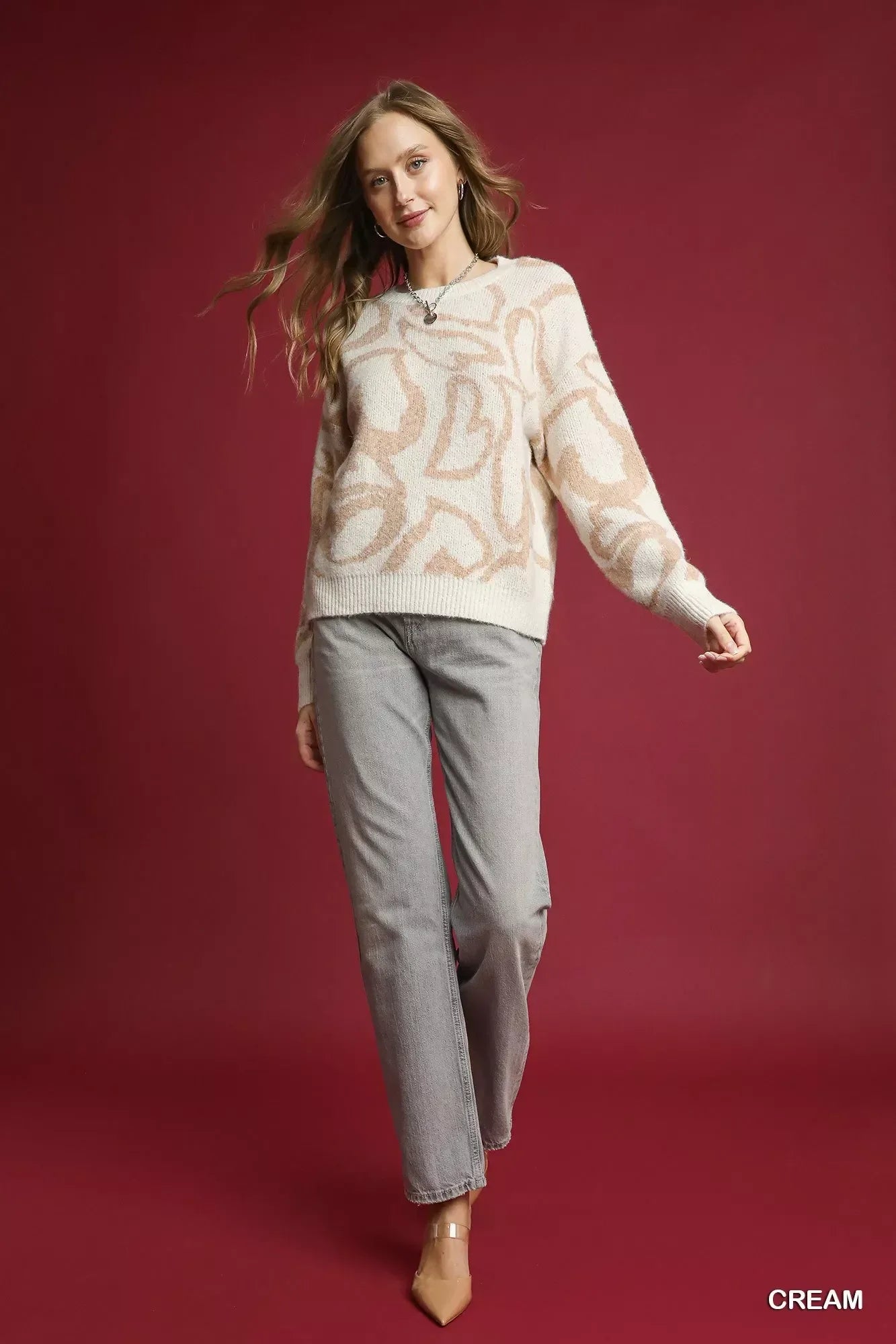 Umgee Heart Print Crew Neck Sweater - DAVERRI FASHIONS