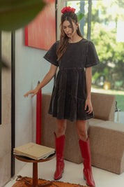 Annie Wear Mineral Washed Round Neck Short Sleeve Denim Dress Black Tops