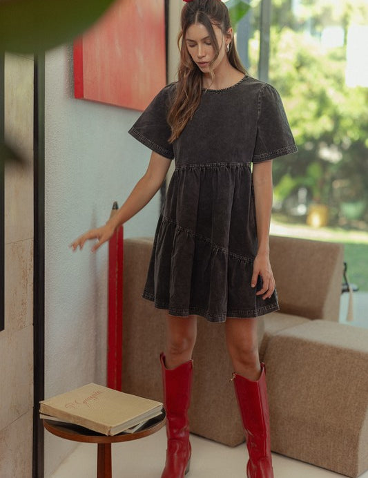 Annie Wear Mineral Washed Round Neck Short Sleeve Denim Dress Black Tops