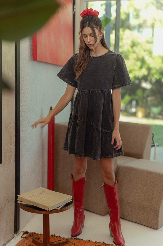 Annie Wear Mineral Washed Round Neck Short Sleeve Denim Dress Black Mini Dresses