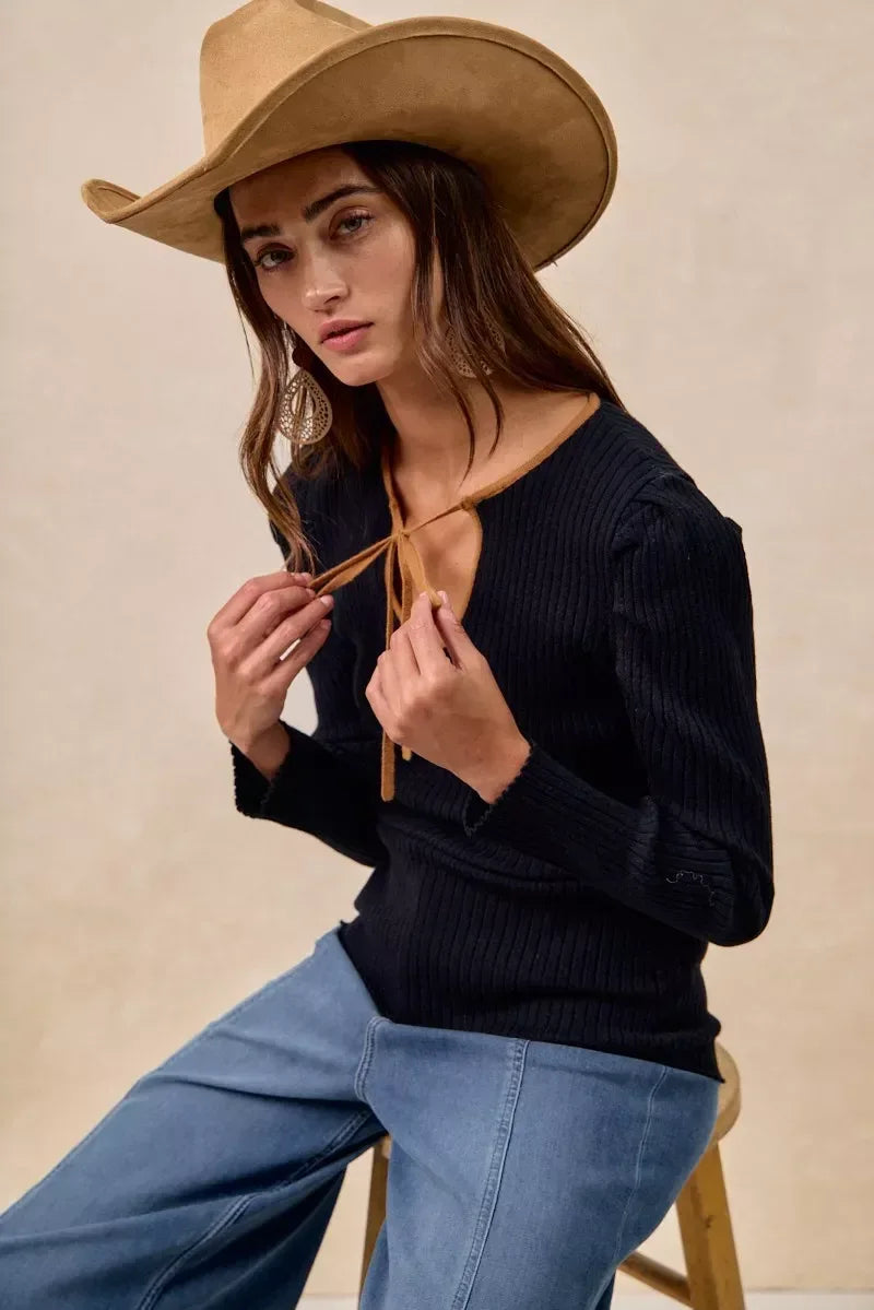 BiBi Ribbed Contrast Front Tied Shirred Fabric Top - DAVERRI FASHIONS