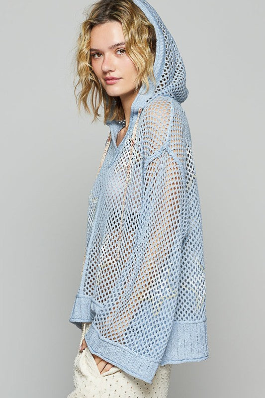 POL Star Openwork Long Sleeve Hooded Knit Cover Up