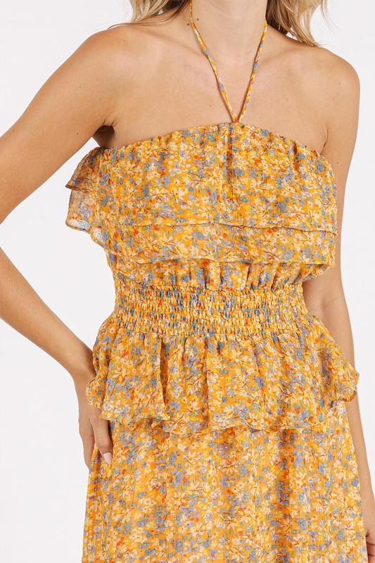 Mittoshop Ruffled Smocked Floral Halter Neck Maxi Dress - DAVERRI FASHIONS