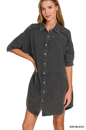 ASH BLACK Zenana Washed Double Gauze Button Down Shirt Dress | Daverri Fashions