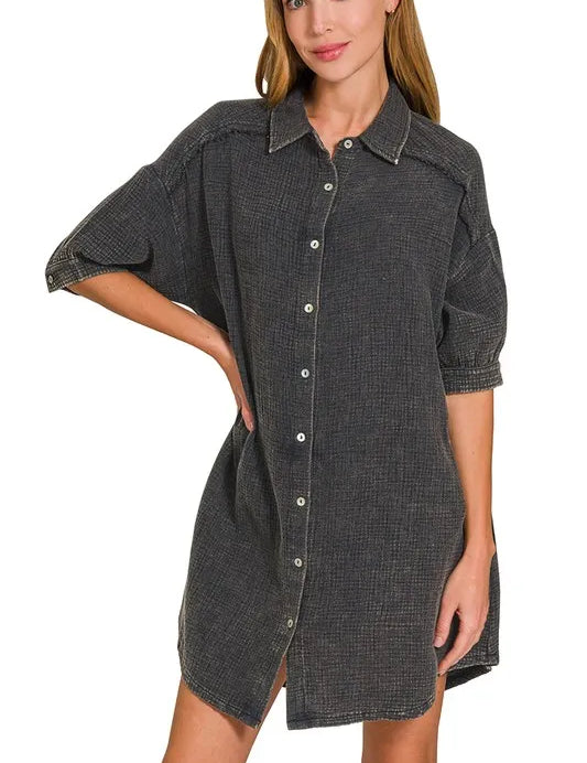 ASH BLACK Zenana Washed Double Gauze Button Down Shirt Dress | Daverri Fashions