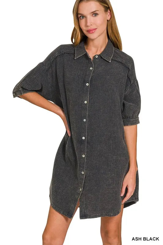 Zenana Washed Double Gauze Button Down Shirt Dress ASH BLACK