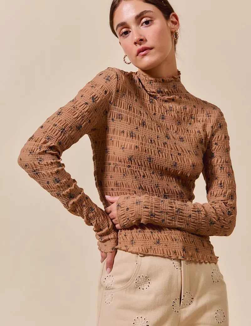 BROWN SO ME Floral Print Textured Long Sleeve Knit Top | Knit Tops Daverri Fashions