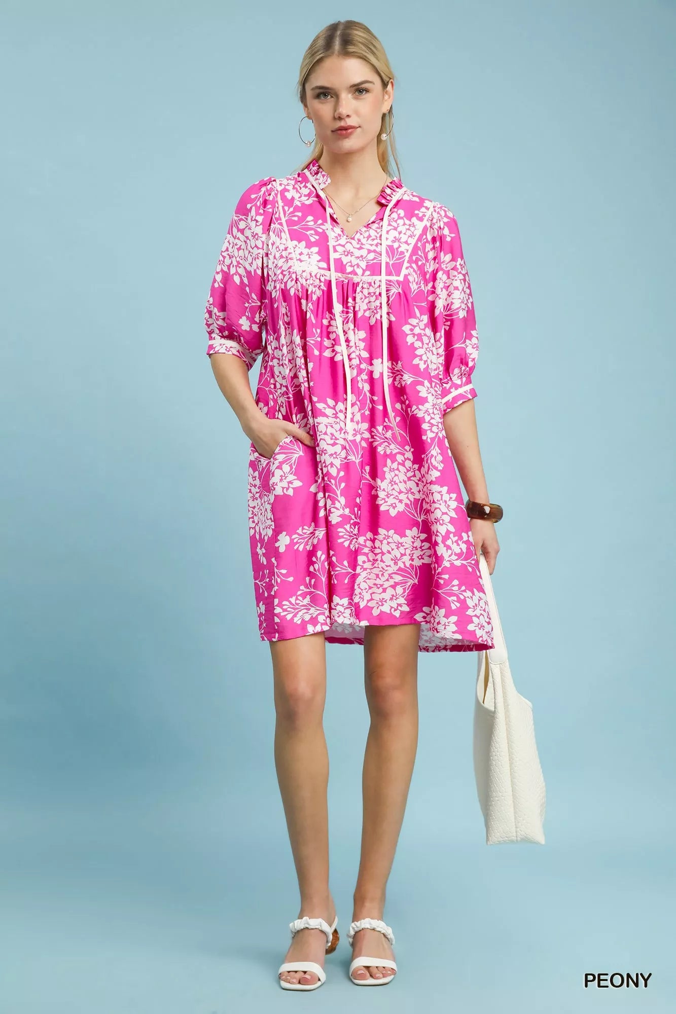 Umgee floral babydoll peony print dress with pockets, pink loose fit