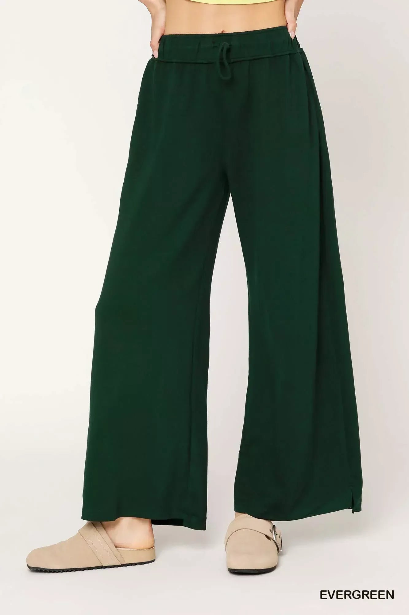 Umgee Elastic Drawstring Waistband Wide Leg Pants - DAVERRI FASHIONS