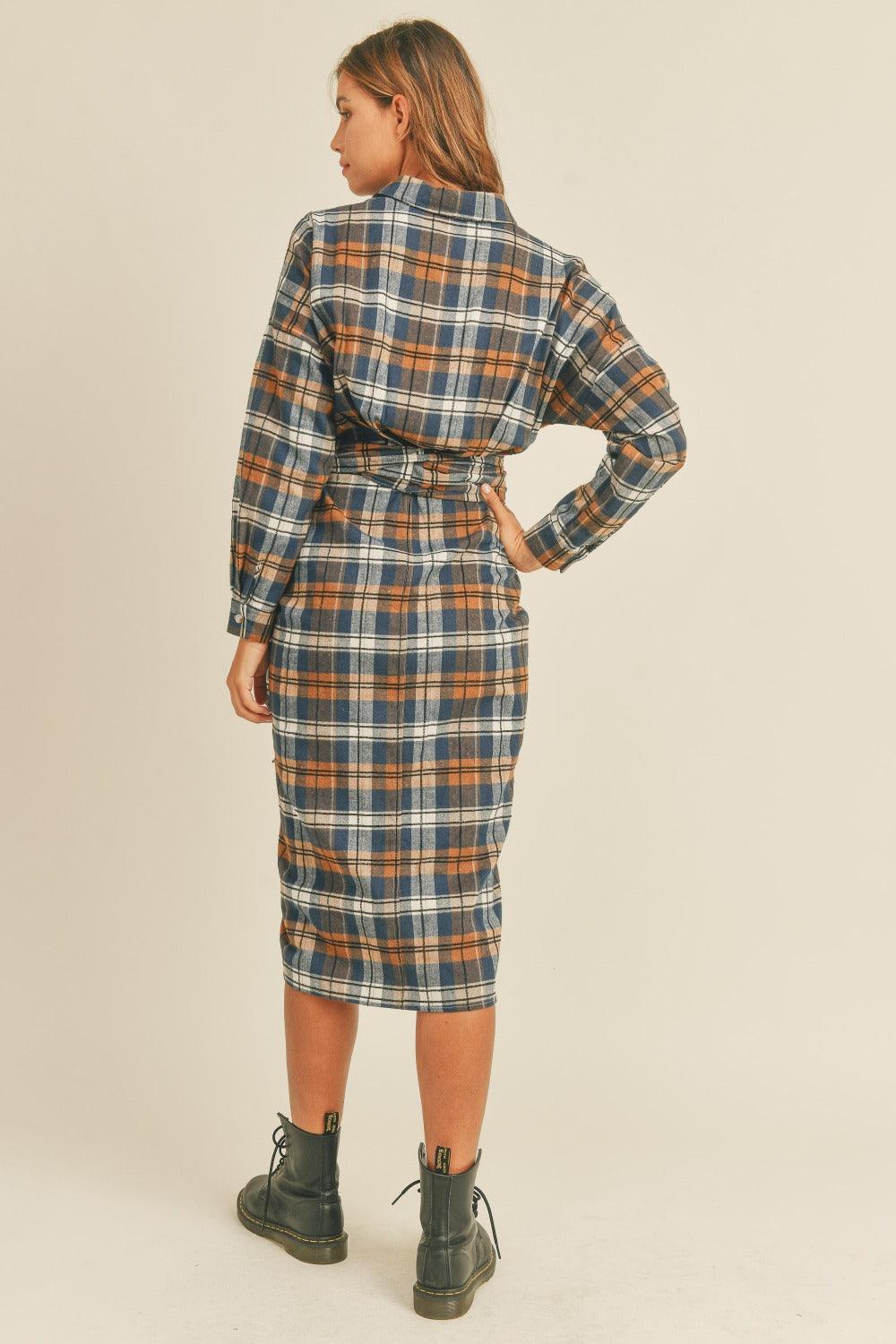 Mable Plaid Flannel Front Tie Button Down Shirt Dress Midi Dresses