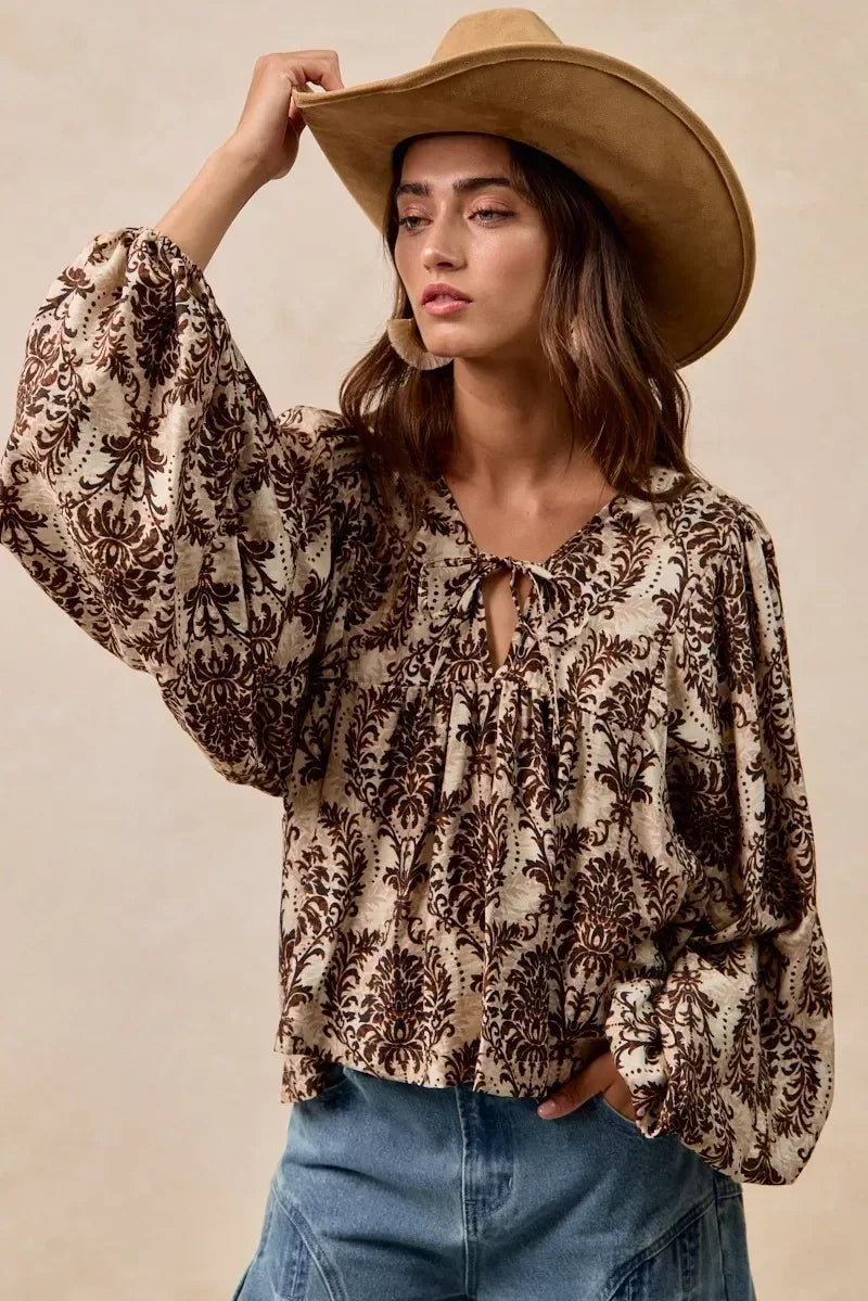 BiBi Printed Woven Front Tied Blouse with Baloon Sleeve - DAVERRI FASHIONS