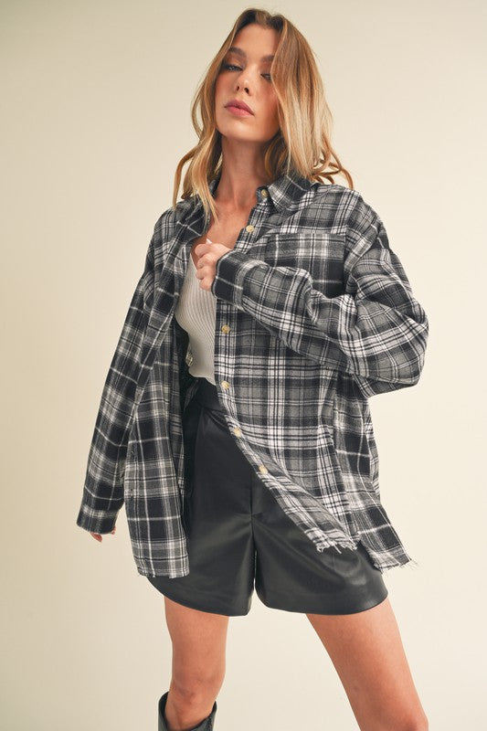 Aemi + Co Frayed Hem Plaid Button Up Flannel Shirt Shirts