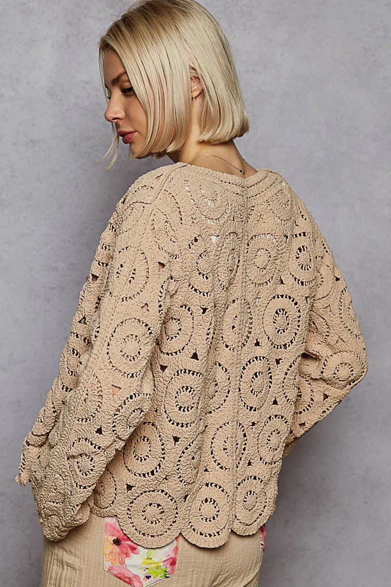 POL Button Down V-Neck Crochet Cardigan Cardigans