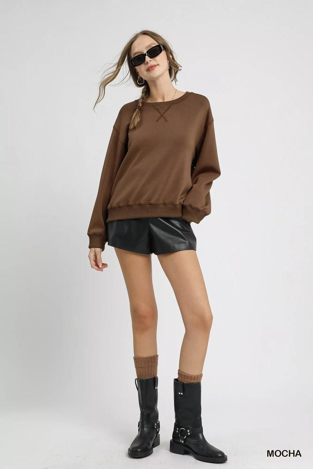 Umgee Round Neck Long Sleeve Fleece Sweatshirt | Sweatshirts Daverri Fashions