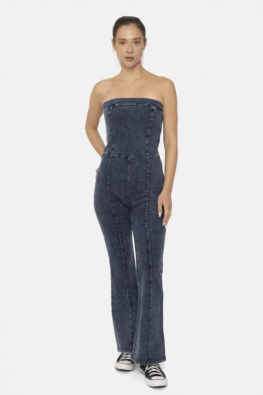 MONO B Cotton Blend Strapless Flared Jumpsuit DENIM