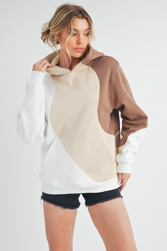 Aemi + Co Color Block Hoodie with Kangaroo Pocket Sand