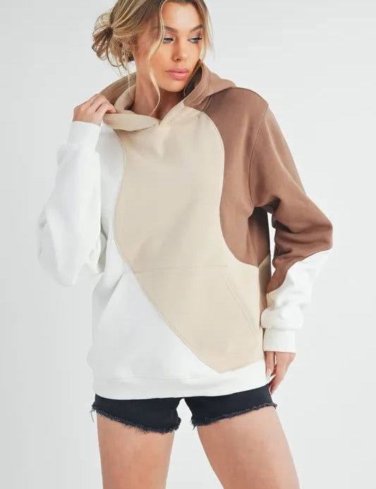 Sand Aemi + Co Color Block Hoodie with Kangaroo Pocket | Daverri Fashions