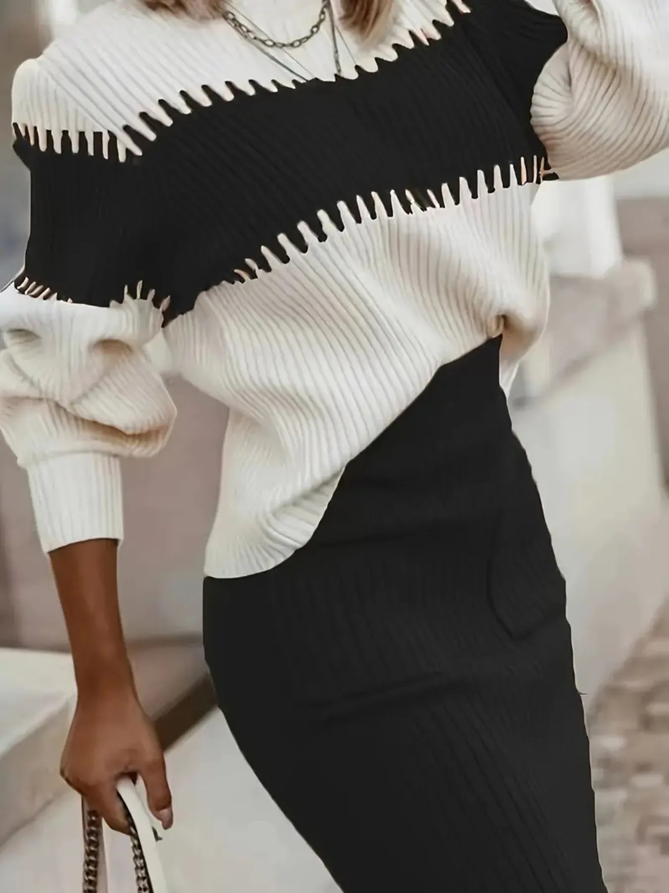 Two-Tone Ribbed Knit Top and Skirt Sweater Set | Outfit Sets Daverri Fashions