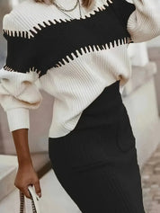 Two-Tone Ribbed Knit Top and Skirt Sweater Set | Outfit Sets Daverri Fashions
