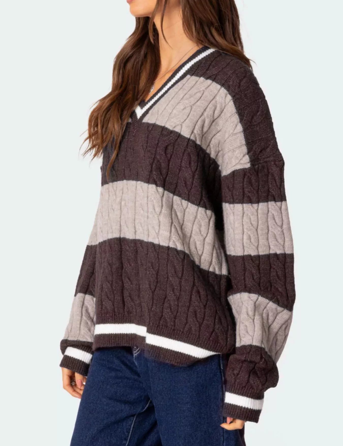 Striped Cable Knit V-Neck Sweater | Sweaters Daverri Fashions