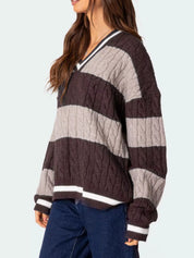 Striped Cable Knit V-Neck Sweater | Sweaters Daverri Fashions