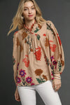 Umgee Flower Print Blouse with Scalloped Neckline - DAVERRI FASHIONS
