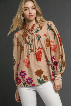 Umgee Flower Print Blouse with Scalloped Neckline - DAVERRI FASHIONS