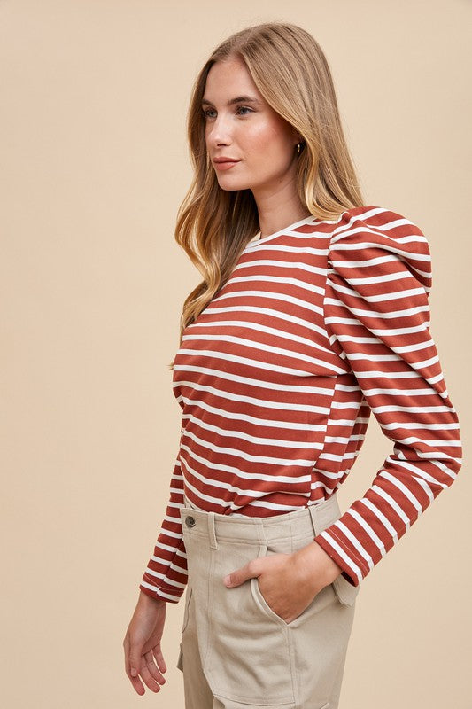 Annie Wear Striped Round Neck Puff Sleeve French Terry Top Tops