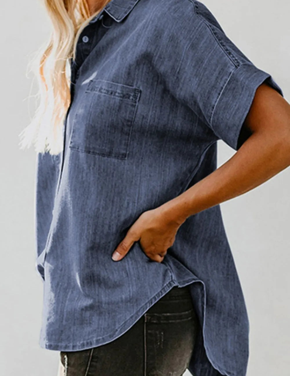 Pocketed Button Up Short Sleeve Denim Shirt | Shirts Daverri Fashions