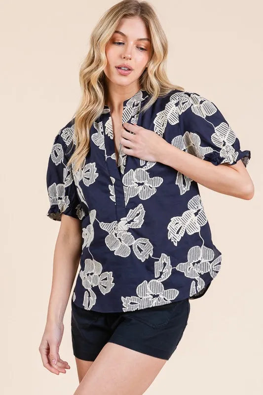 Lime 'N' Chili Embroidered Split Neck Puff Sleeve Blouse