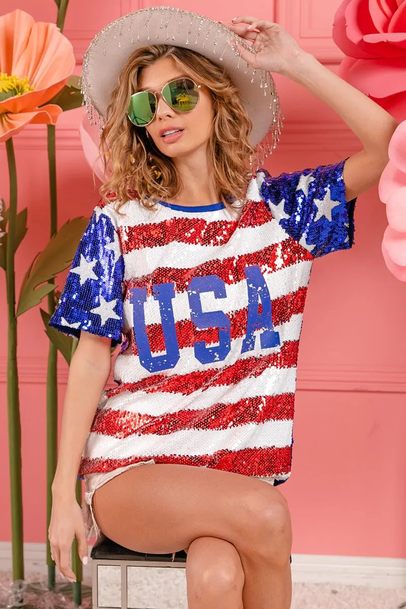 BiBi American Flag Theme USA Lettering Sequin Top Tops