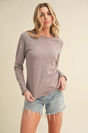 Mauve Aemi + Co Lettuce Hemline Round Neck Raglan Sleeve T-Shirt | Daverri Fashions