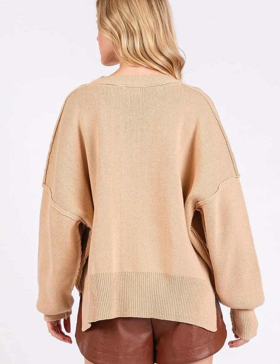 Mittoshop Side Slit Round Neck Drop Shoulder Sweater | Sweaters Daverri Fashions