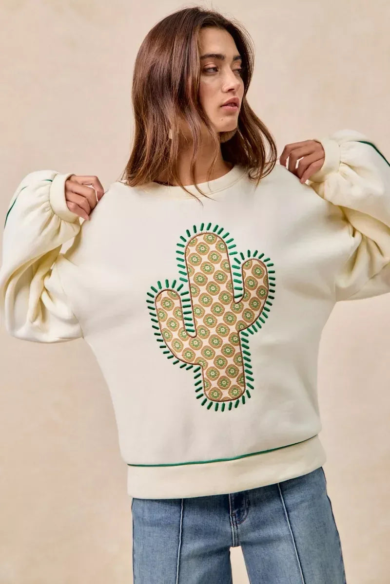 BiBi Cactus Embroidered Fleece Sweatshirt - DAVERRI FASHIONS