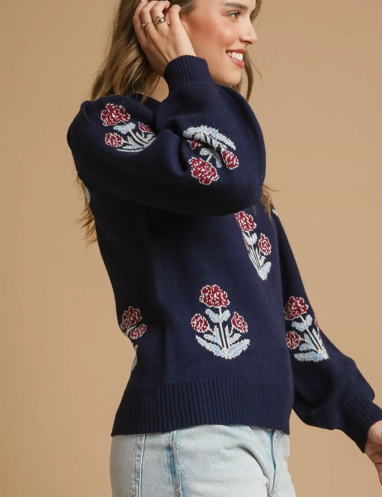 Umgee Floral Knit Sweater with Puff Sleeves | Sweaters Daverri Fashions