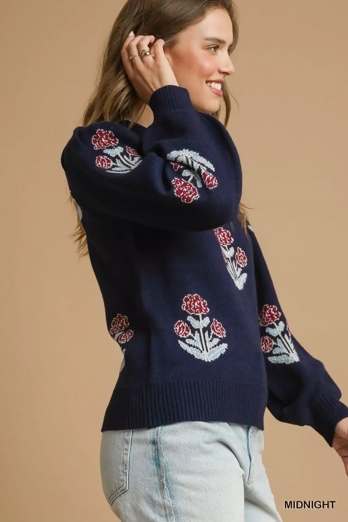 Umgee Floral Knit Sweater with Puff Sleeves - DAVERRI FASHIONS