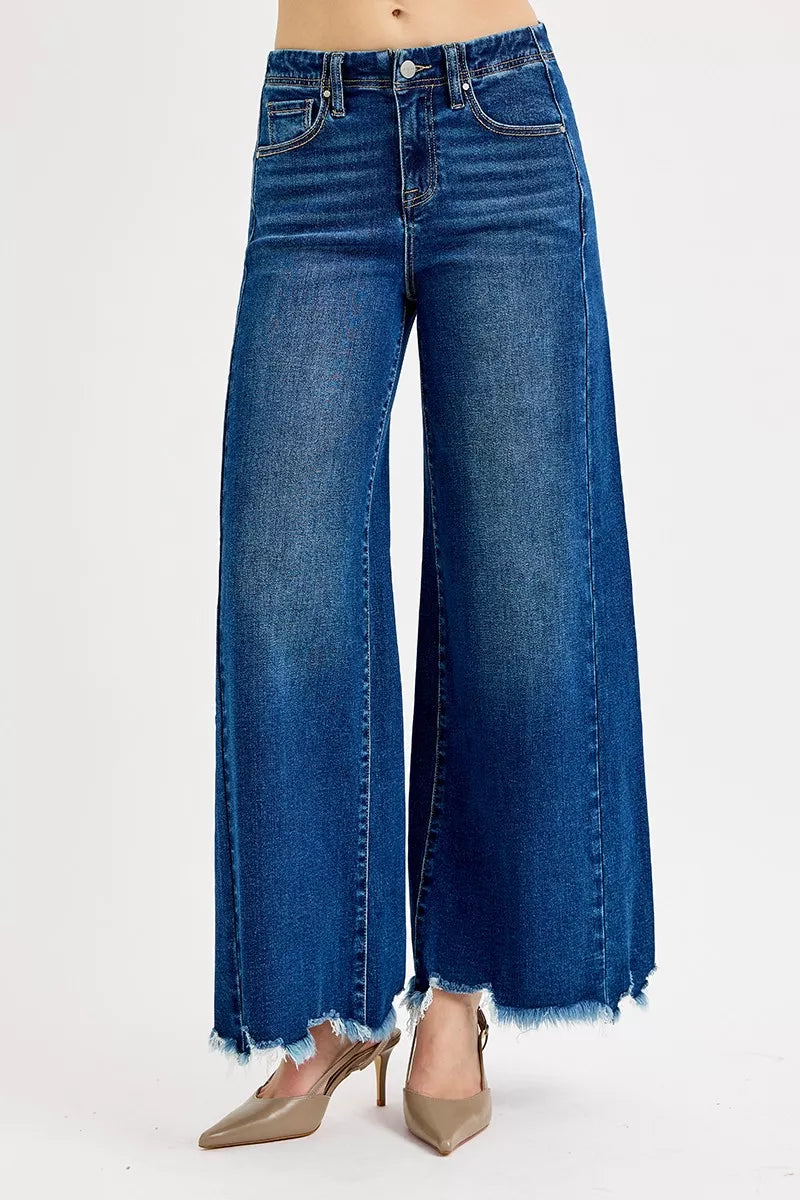 RISEN high-rise ankle wide jeans in medium blue wash with frayed hems